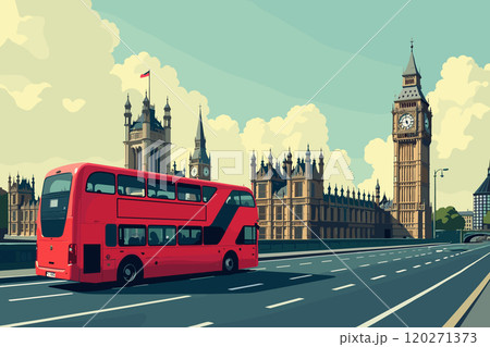 Iconic Red Double-Decker Bus Driving Near Big Ben in London Iconic Red Double-Decker Bus Driving Near Big Ben in London 120271373