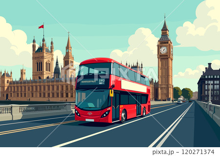 Iconic Red Double-Decker Bus Driving Near Big Ben in London Iconic Red Double-Decker Bus Driving Near Big Ben in London 120271374