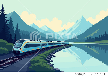 Train Passing Through Scenic Mountain and Lake Landscape 120271431