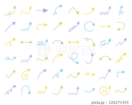 手書きの矢印アイコンのベクターイラストセット。方向、手描き、シンプル、やじるし 120271455