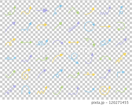 手書きの矢印アイコンのベクターイラストセット。方向、手描き、シンプル、やじるし 120271455