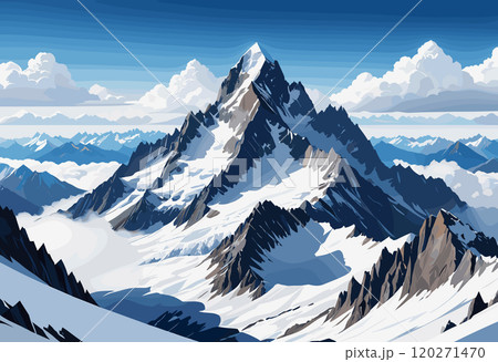 Majestic Snow-Capped Mountain Peaks under Clear Blue Sky 120271470