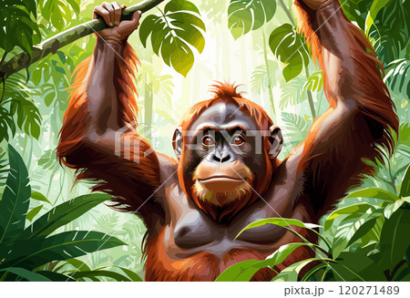 Majestic Orangutan in Lush Tropical Rainforest 120271489