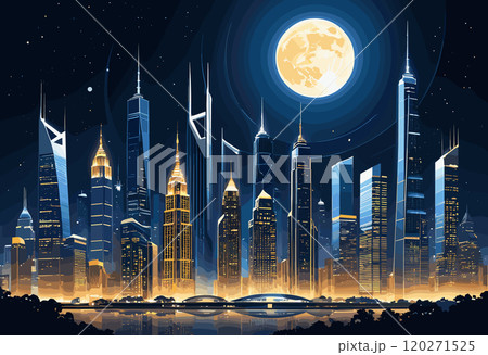 Futuristic Night Cityscape with Tower and Full Moon Futuristic Night Cityscape with Tower and Full Moon 120271525