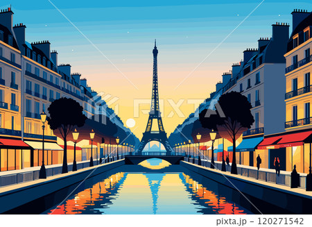 Parisian Street at Sunset with Eiffel Tower Reflection 120271542