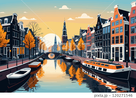 Autumn Scene of Amsterdam Canal with Reflections 120271546