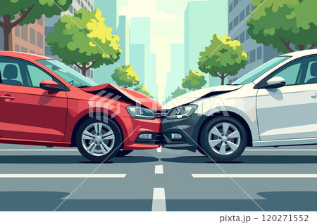 Two Cars Collide in Front-End Crash on City Street Two Cars Collide in Front-End Crash on City Street 120271552