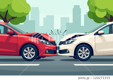 Two Cars Collide in Front-End Crash on City Street Two Cars Collide in Front-End Crash on City Street 120271555
