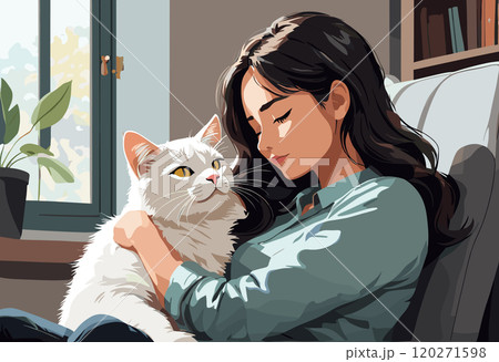 Woman Relaxing on Couch Cuddling with Cat 120271598