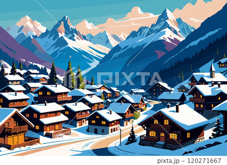 Snowy Alpine Village with Mountain Peaks at Sunrise Snowy Alpine Village with Mountain Peaks at Sunrise 120271667