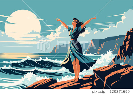 Woman Enjoying Freedom by the Ocean on a Rocky Coast Woman Enjoying Freedom by the Ocean on a Rocky Coast 120271699