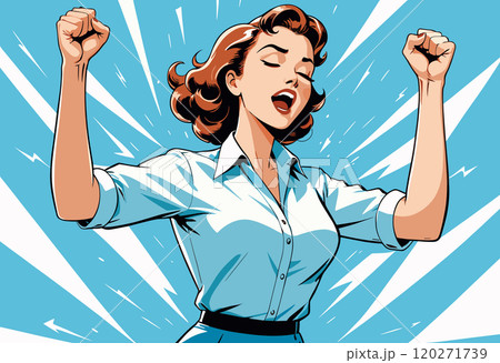 Excited Woman Celebrating Success with Fist Pump 120271739