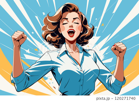 Excited Woman Celebrating Success with Fist Pump 120271740