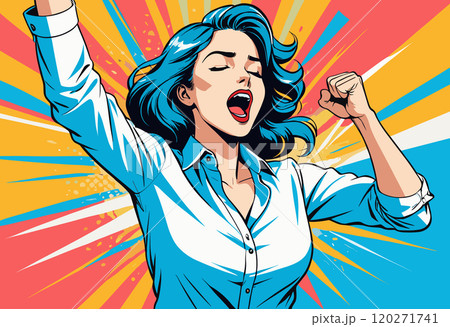 Excited Woman Celebrating Success with Fist Pump 120271741