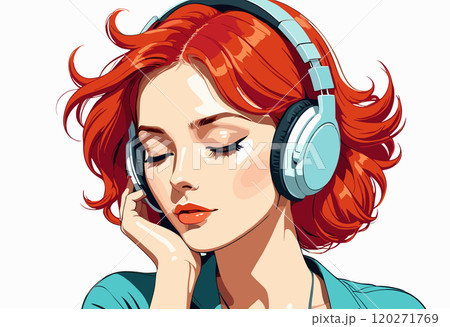 Red Haired Woman Enjoying Music with Headphones Red Haired Woman Enjoying Music with Headphones 120271769