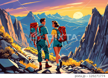 Adventurous Hikers Exploring Scenic Mountain Trail at Sunset Adventurous Hikers Exploring Scenic Mountain Trail at Sunset 120271774
