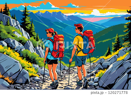 Adventurous Hikers Exploring Scenic Mountain Trail at Sunset Adventurous Hikers Exploring Scenic Mountain Trail at Sunset 120271778
