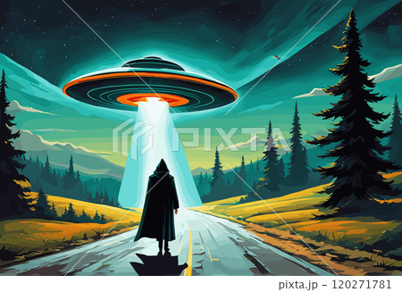 Alien Spaceship Beaming Light on Mysterious Figure in Forest Alien Spaceship Beaming Light on Mysterious Figure in Forest 120271781
