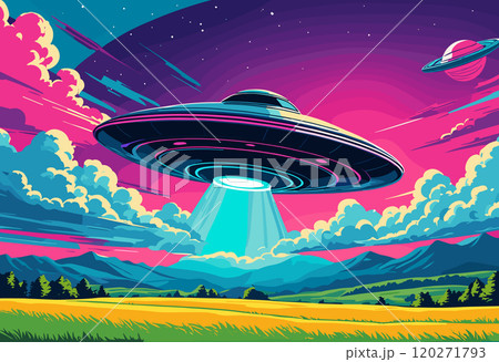 UFO Hovering Over Bright Green Field with Beam of Light UFO Hovering Over Bright Green Field with Beam of Light 120271793