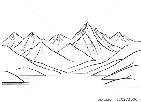 Mountain Landscape with Lake in Simple Line Art Mountain Landscape with Lake in Simple Line Art 120272000