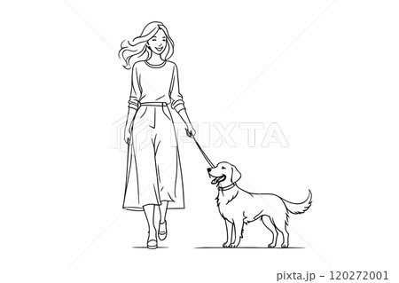 Woman Walking Dog on Leash in Casual Outfit 120272001