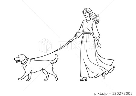 Woman Walking Dog on Leash in Casual Outfit 120272003