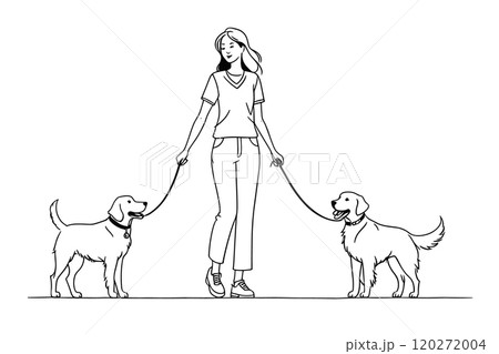 Woman Walking Dog on Leash in Casual Outfit 120272004