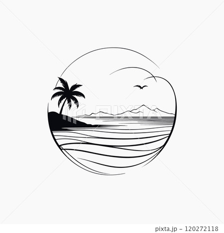 Minimalist Tropical Beach Landscape in Black and White Line Art Minimalist Tropical Beach Landscape in Black and White Line Art 120272118