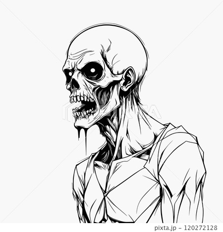 Undead Zombie with Skull Face in Horror Line Art Style 120272128