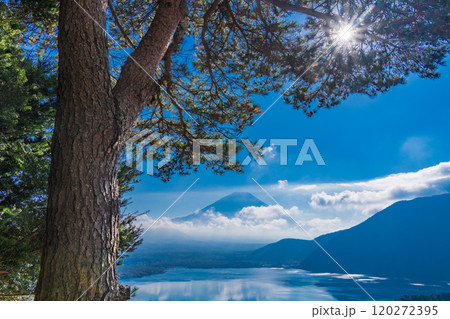 【山梨県】秋の中ノ倉峠から眺める本栖湖畔と富士山 【山梨県】秋の中ノ倉峠から眺める本栖湖畔と富士山 120272395