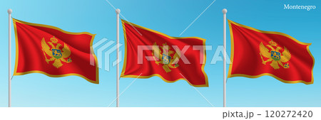 Set of Three Flags of Montenegro Waving in Clear Blue Sky 120272420