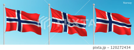 Set of Three Flags of Norway Waving in Clear Blue Sky 120272434
