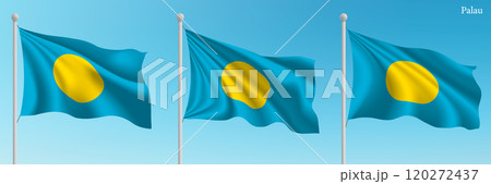 Set of three flags of Palau waving on flagpoles 120272437