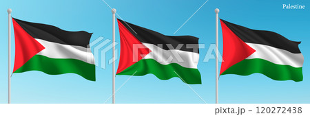 Set of three flags of Palestine waving on flagpoles 120272438