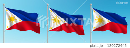 Set of three flags of Philippines waving on flagpoles 120272443