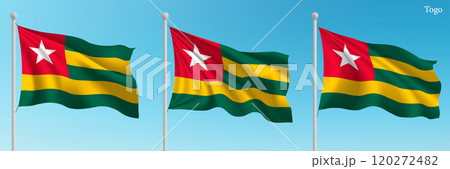 Set of three flags of Togo waving on flagpoles Set of three flags of Togo waving on flagpoles 120272482