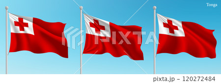 Set of three flags of Tonga waving on flagpoles 120272484
