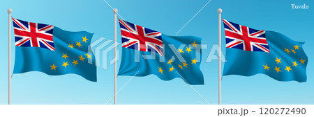 Set of three flags of Tuvalu waving on flagpoles 120272490