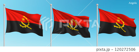 Set of three flags of Angola waving on flagpoles 120272506