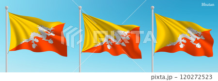Set of three flags of Bhutan waving on flagpoles 120272523