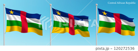 Set of three flags of Central African Republic waving on flagpoles Set of three flags of Central African Republic waving on flagpoles 120272536