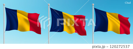 Set of three flags of Chad waving on flagpoles Set of three flags of Chad waving on flagpoles 120272537