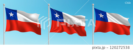 Set of three flags of Chile waving on flagpoles 120272538