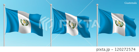 Set of three flags of Guatemala waving on flagpoles 120272574