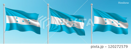 Set of three flags of Honduras waving on flagpoles Set of three flags of Honduras waving on flagpoles 120272579