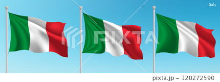 Set of Three Flags of Italy Waving in Clear Blue Sky Set of Three Flags of Italy Waving in Clear Blue Sky 120272590