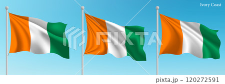 Set of three flags of Ivory Coast waving on flagpoles Set of three flags of Ivory Coast waving on flagpoles 120272591