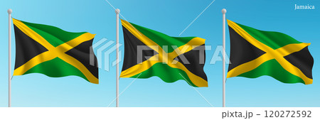 Set of three flags of Jamaica waving on flagpoles Set of three flags of Jamaica waving on flagpoles 120272592