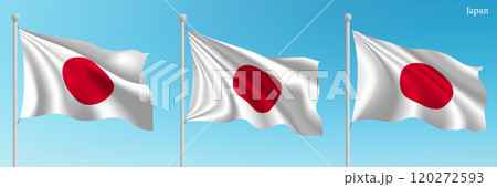 Set of three flags of Japan waving on flagpoles Set of three flags of Japan waving on flagpoles 120272593