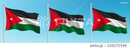 Set of three flags of Jordan waving on flagpoles Set of three flags of Jordan waving on flagpoles 120272594